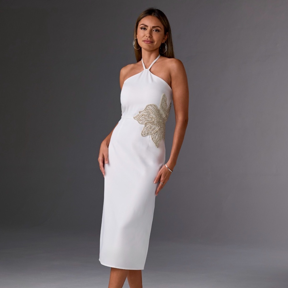 Boston Proper White Midi Dress with Gold Detail